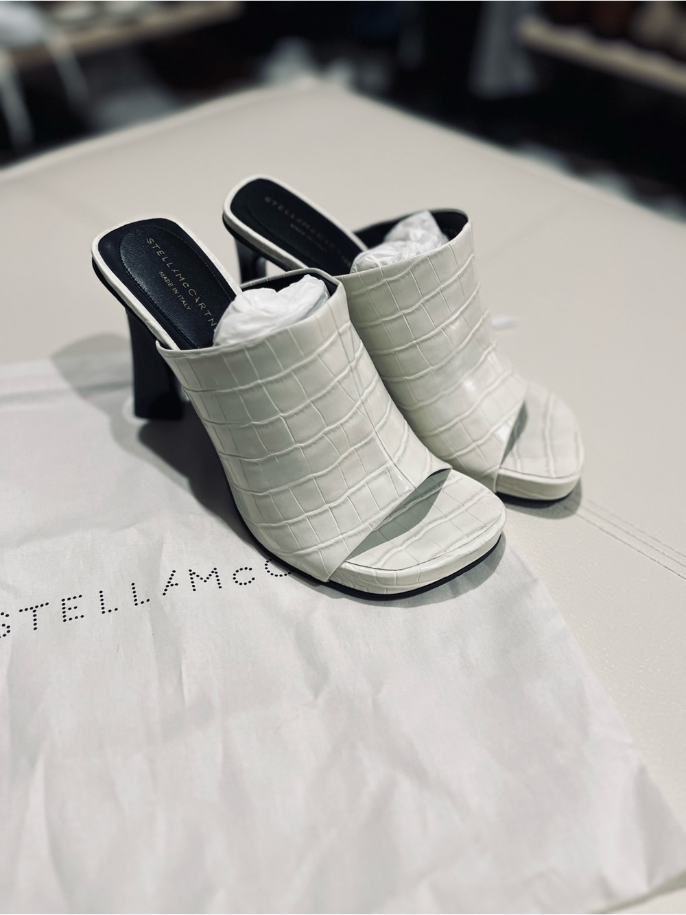 Stella McCartney White Croc-Embossed Open-Toe Mules with Black Heel